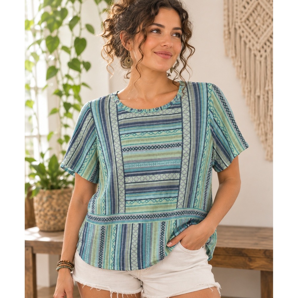 Cj banks Womens Blue Green Geometric Striped Short Sleeve Top Coastal Boho 1X